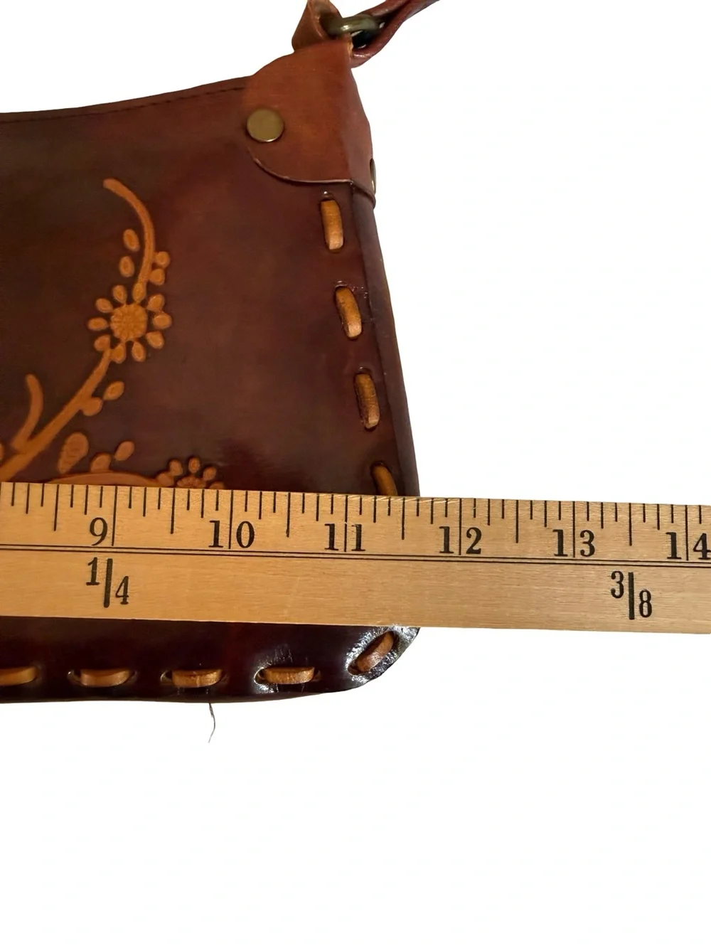 Vintage Brown Leather Shoulder Bag with Floral Embossing - Picture 8 of 10